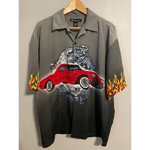 Vintage No Boundaries Bowling Shirt Mens Large Hot Rod Car Flame Graphic Y2K